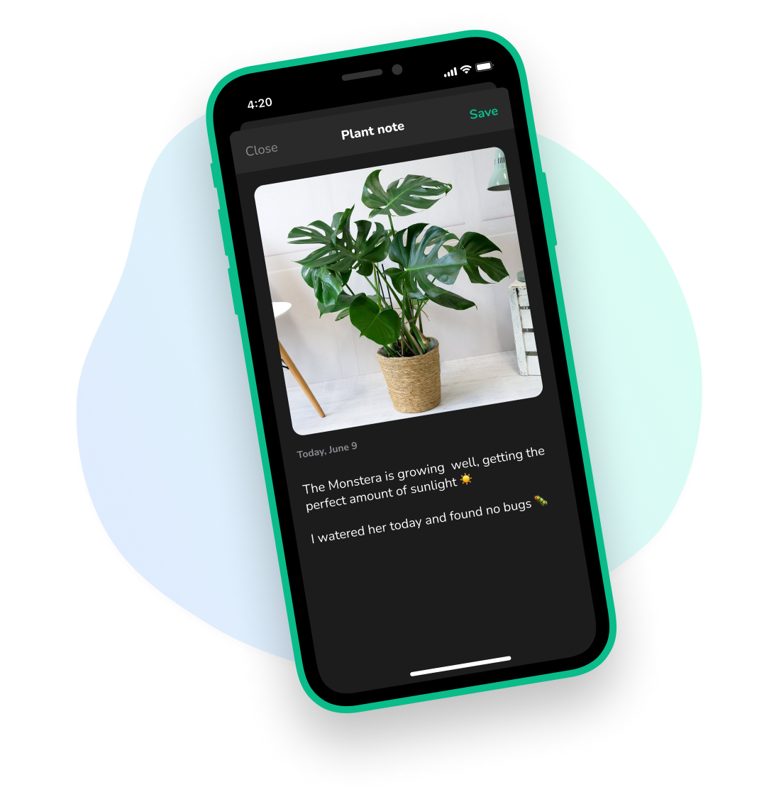 Mobile phone showing the Grow application on the plant note screen with a plant picture and a text describing the plant health